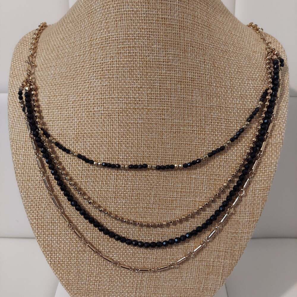 SAQ Gold Tone and Black Crystal Beads Layered 18" Necklace